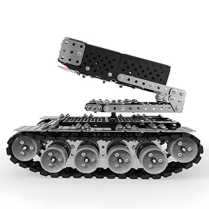 A heavy-duty steam punk mech style tracked tank metal model featuring a movable rocket launcher arm.
