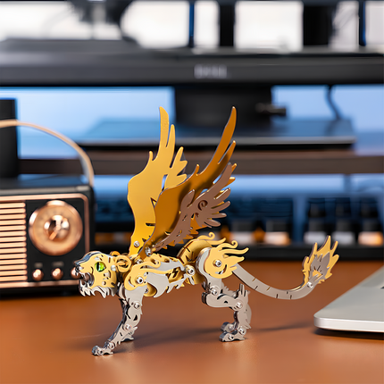 A golden mechanical steampunk winged tiger metal model displayed on an office desk, a stunning DIY 3D puzzle Metal Kit with green eye details.