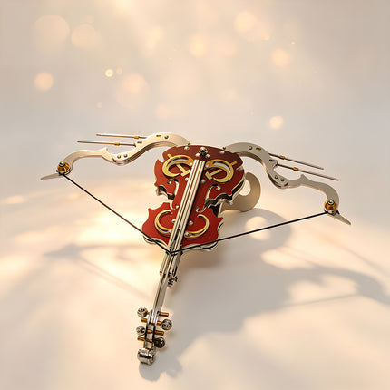 DIY 3D puzzle Metal Kits featuring the red Dawnstring Violin Crossbow, an intricate mechanical steampunk project for adult hobbyists.