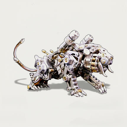 This is a steampunk-style mechanical saber-toothed tiger 3D metal puzzle, crafted from silver-gold alloy parts. It features exposed gears, articulated limbs, and prominent saber-tooth details, with a dynamic, crouched posture.Highlighted by intricate mechanical texture and lifelike prehistoric tiger styling, it’s a detailed collectible blending 3D puzzle art and steampunk wildlife design.