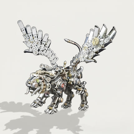 This is a steampunk-style winged mechanical saber-toothed tiger 3D metal puzzle, crafted from silver-gold alloy parts. It features large articulated wings (with gear details), exposed mechanical joints, prominent saber-tooth details, and a dynamic crouched posture.Highlighted by intricate wing design and industrial steampunk texture, it’s a detailed collectible blending 3D puzzle art, mechanical styling, and prehistoric wildlife aesthetics.