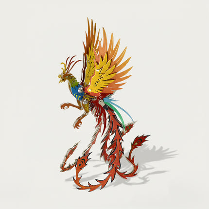 A full view of a colorful mechanical phoenix metal model, a premium steampunk puzzle designed by TableFunny.