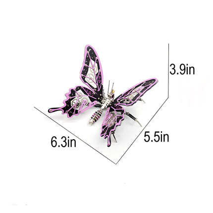 Size chart for the pink and black mechanical steampunk butterfly, an intricate DIY 3D puzzle Metal Kits project measuring 6.3x5.5x3.9 inches.