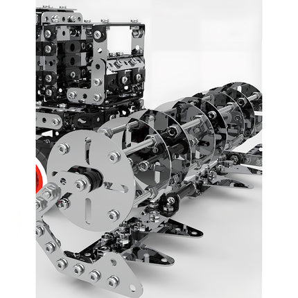 Highly detailed 3D puzzle Metal Kits showing the complex assembly of a mechanical steampunk harvester.