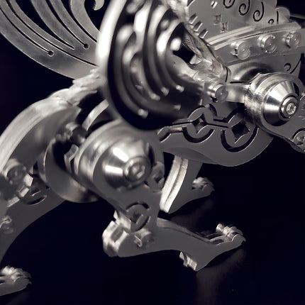 Close-up of the layered metal armor and decorative coin chain on a Qilin metal model, a masterpiece of steampunk puzzle design.