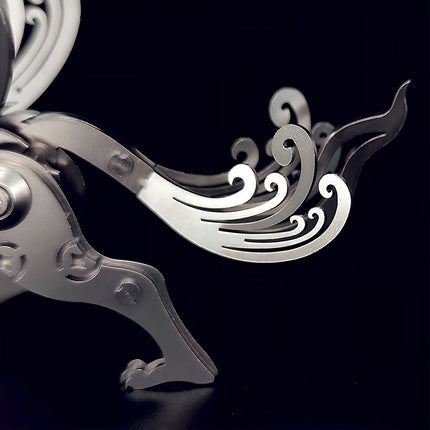 Macro view of the scrollwork tail on a Qilin metal model, showcasing the precision of this steampunk puzzle.