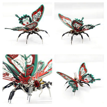 A detailed butterfly steampunk puzzle metal model with vibrant red and green wings.