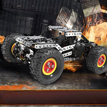 Durable steampunk puzzle car in a battlefield setting, a premium mechanical steampunk metal model built from 3D puzzle Metal Kits.