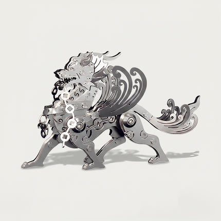 An intricate silver mythical beast metal model with a steampunk puzzle design, blending oriental culture with mechanical art.
