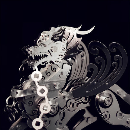 Profile view of the mechanical steampunk Kylin (Qilin), a sophisticated steam punk mech assembly with a decorative coin chain and layered metal plates.