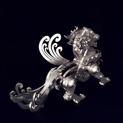 An elegant silver Qilin metal model displayed on a black background, featuring a complex steampunk puzzle structure and flowing tail.