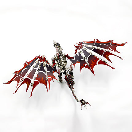 Top-view of a spread-wings mechanical steampunk fire dragon metal model, an advanced DIY 3D puzzle Metal Kits project.