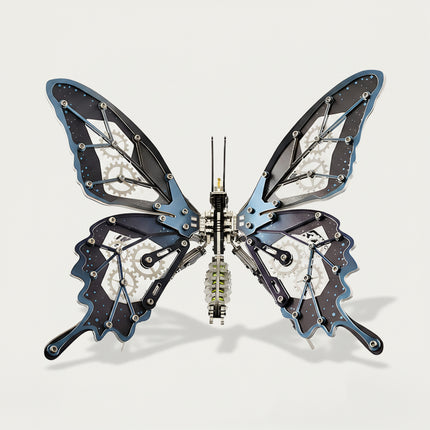 Metallic blue steam punk mech butterfly with intricate internal structure, a perfect steampunk puzzle for desktop art collectors.