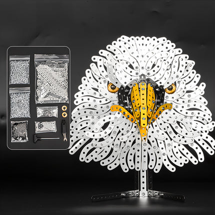Steam punk mech style eagle head steampunk puzzle, including organized metal model parts for DIY enthusiasts.
