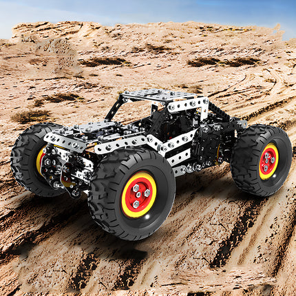Steam punk mech style desert rover with large tires, an intricate metal model designed with mechanical steampunk aesthetics.

