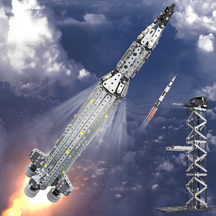 Steam punk mech style rocket and tower set in flight, a unique mechanical steampunk metal model designed for aerospace enthusiasts.