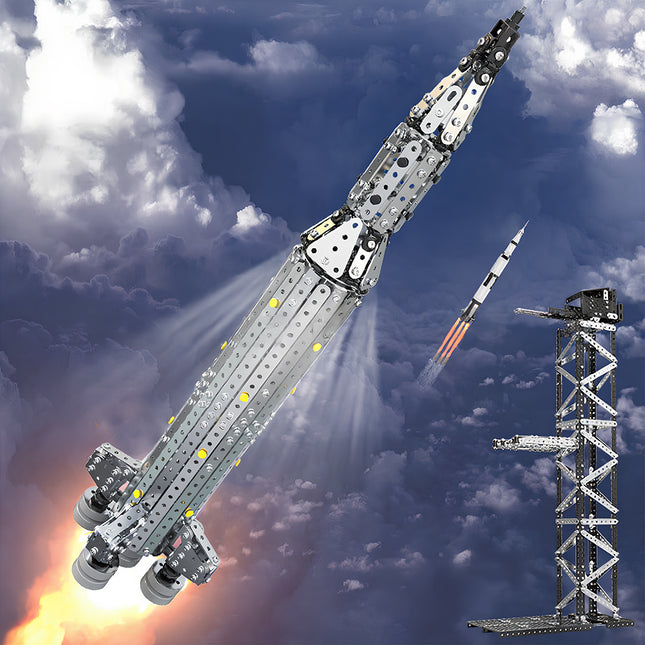 Steam punk mech style rocket and tower set in flight, a unique mechanical steampunk metal model designed for aerospace enthusiasts.