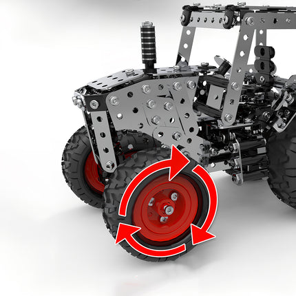 Steam punk mech style tractor wheel mechanism, an intricate metal model designed for mechanical steampunk enthusiasts.