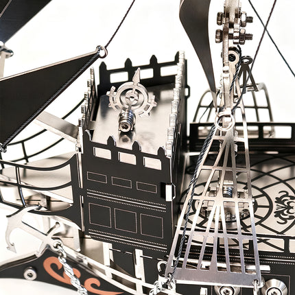 Close-up view of a steam punk mech inspired sailing ship, highlighting the mechanical steampunk design of this DIY metal model.
