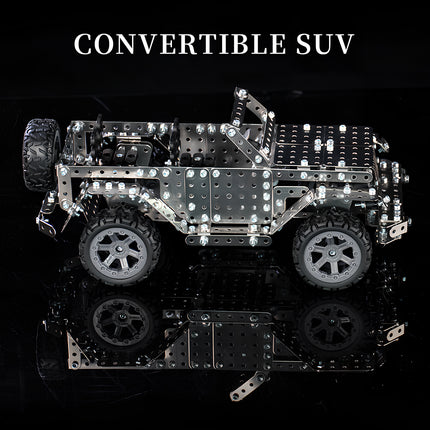 Steam punk mech inspired convertible SUV with precision-cut steel plates, part of the premium mechanical steampunk 3D puzzle Metal Kits collection.