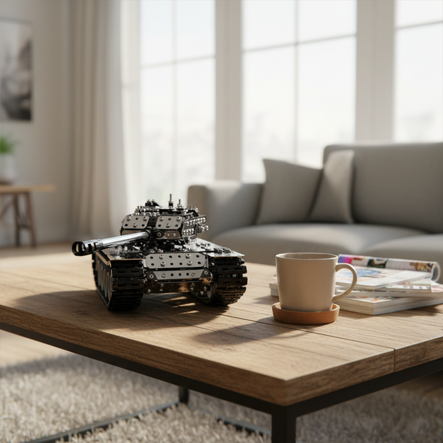 Steam punk mech inspired battle tank metal model, an intricate steampunk puzzle and perfect DIY gift for military enthusiasts.
