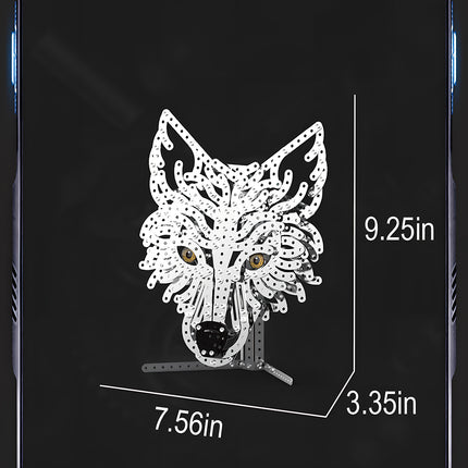 Steam punk mech style wolf steampunk puzzle, a DIY metal model with specific scale markings for desktop decor.