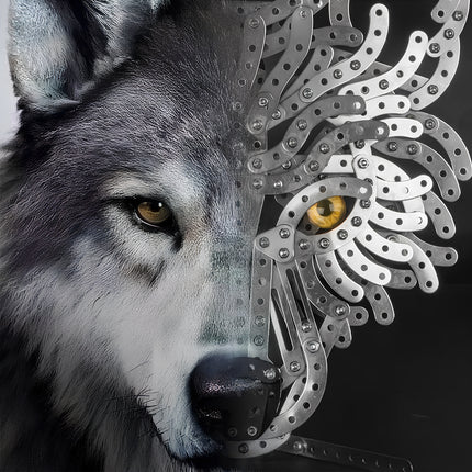 Half-realistic wolf and half steam punk mech wolf, showcasing the intricate design of our 3D puzzle Metal Kits and metal model craftsmanship.