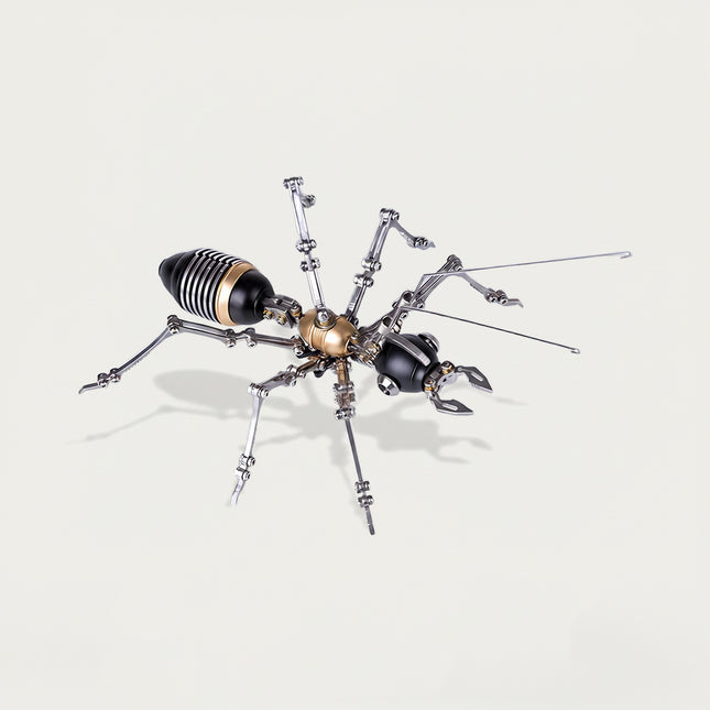 A steam punk mech inspired ant with silver legs and brass body, a unique mechanical steampunk insect metal model.
