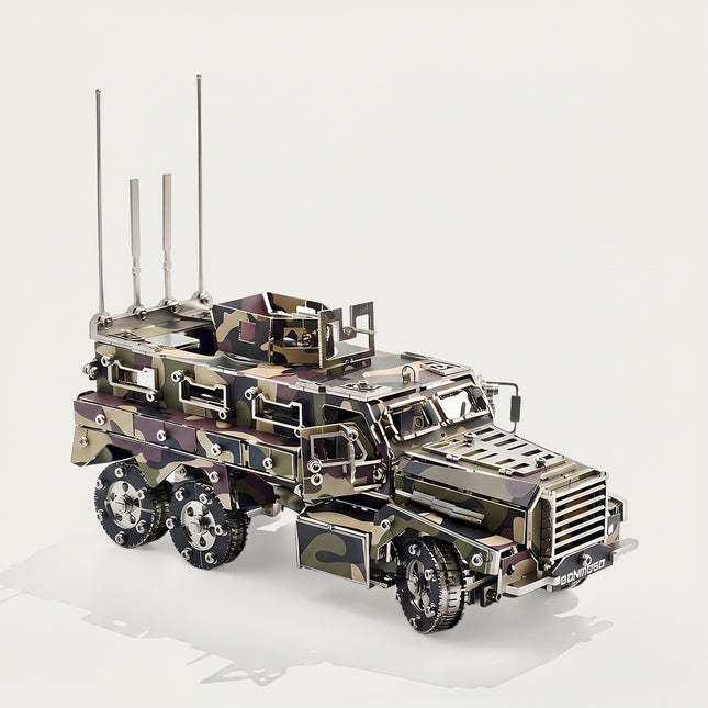 Detailed mechanical steampunk armored transport with realistic camo painting, a challenging steampunk puzzle for adults.