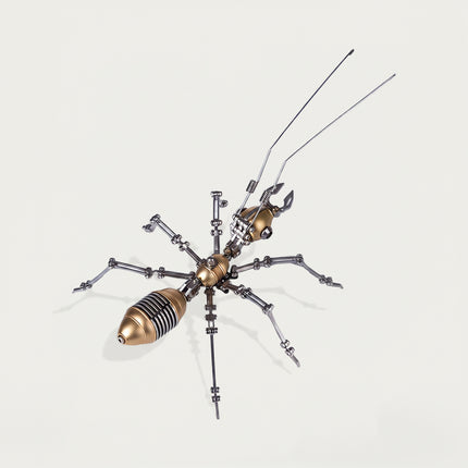 Sophisticated steam punk mech insect with brass plating and silver joints, a high-quality mechanical steampunk assembly for collectors.