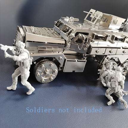 Mechanical steampunk silver transport truck with a steam punk mech aesthetic, part of a sophisticated metal model collection.