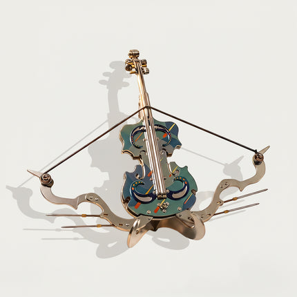 High-detail mechanical steampunk violin assembly kit featuring aesthetic blue patterns and metallic components.