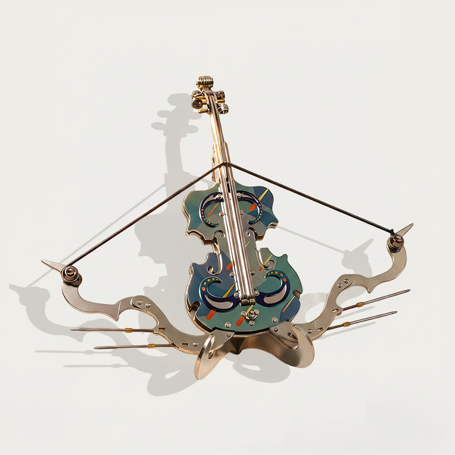 High-detail mechanical steampunk violin assembly kit featuring aesthetic blue patterns and metallic components.