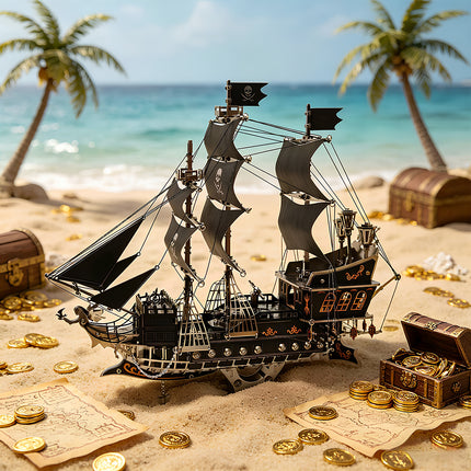Cinematic shot of a mechanical steampunk pirate ship on a treasure beach, a creative DIY steampunk puzzle and collectible metal model.
