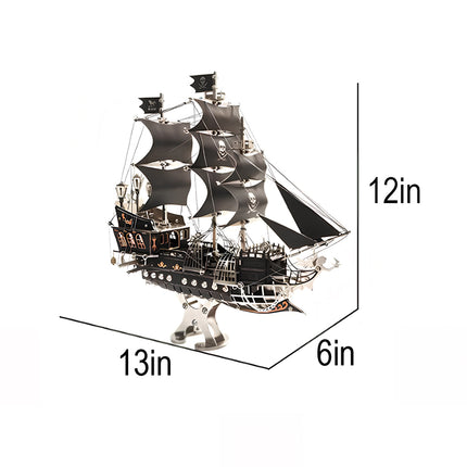 Size chart showing 13x12x6 inches for the mechanical steampunk pirate ship, a large-scale 3D puzzle Metal Kits for DIY building.
