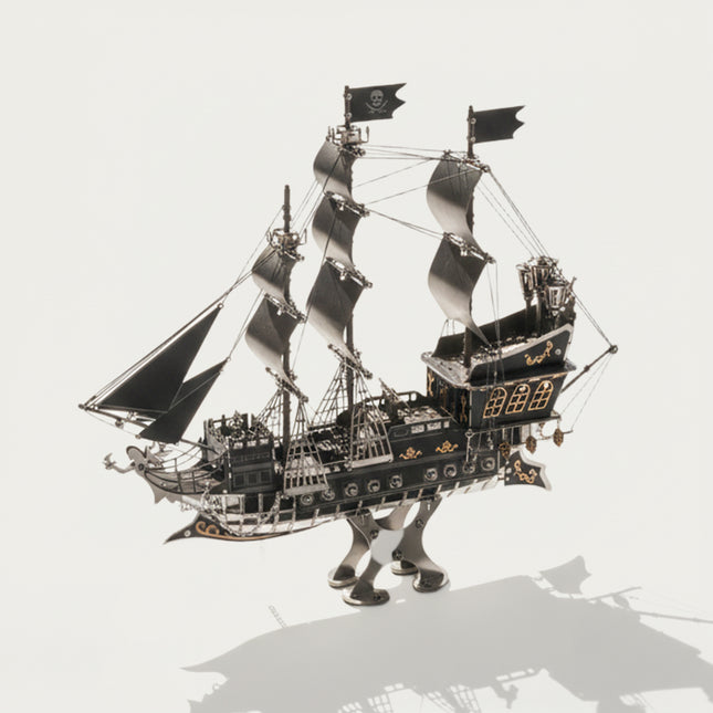 Detailed black mechanical steampunk pirate ship metal model, a premium 3D puzzle Metal Kits for DIY assembly and desktop display.
