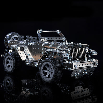 Completed steampunk puzzle jeep with high-quality stainless steel parts, a collectible metal model for DIY and mechanical steampunk enthusiasts.