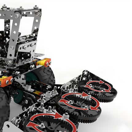Demonstrating the complex gear rotation of a 3D puzzle Metal Kits harvester, an advanced mechanical steampunk project for DIY enthusiasts.