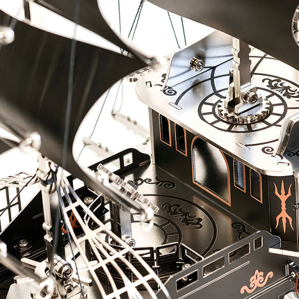 Macro shot of the etched patterns and screw assembly on a mechanical steampunk ship, a high-quality metal model for DIY lovers.