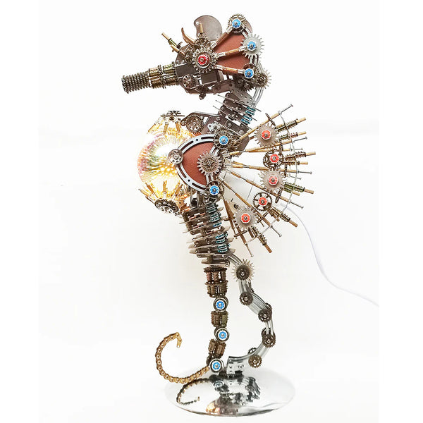 Side view of a Steampunk Seahorse **3D metal puzzle** featuring a unique warm fireworks effect LED lamp and copper details.