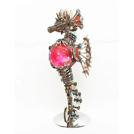 Side profile of a **mechanical metal puzzle** seahorse with exposed gears, holding a glowing red sphere.