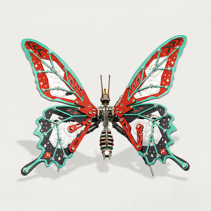 A vibrant red and turquoise metal model butterfly, a creative DIY 3D puzzle Metal Kits project featuring mechanical steampunk gear-driven wings.