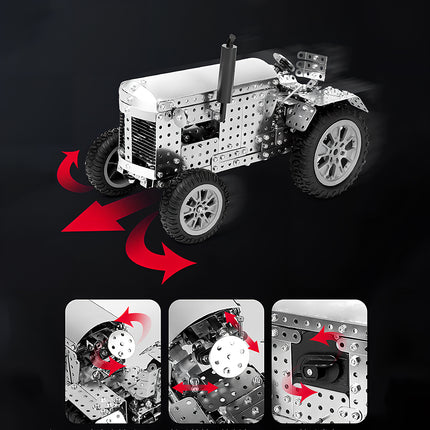 Challenging steampunk puzzle in the shape of a vintage tractor, a high-quality metal model for DIY assembly.