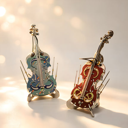 Teal and red Dawnstring Violin Crossbow metal models standing on display stands, a premium mechanical steampunk addition to your 3D puzzle Metal Kits collection.