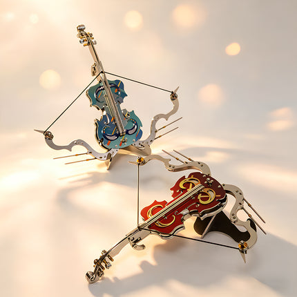 A duo set of Dawnstring Violin Crossbow metal models in teal and red-brown, a stunning mechanical steampunk addition to any 3D puzzle Metal Kits collection.