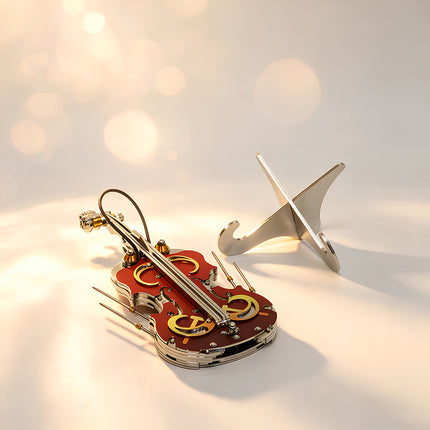 Red-brown Dawnstring violin metal model body with its X-shaped display stand, an intricate mechanical steampunk project from our 3D puzzle Metal Kits.