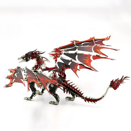 Fierce steam punk mech dragon with flame-etched wings, a collectible steampunk puzzle and metal model for desktop decor.