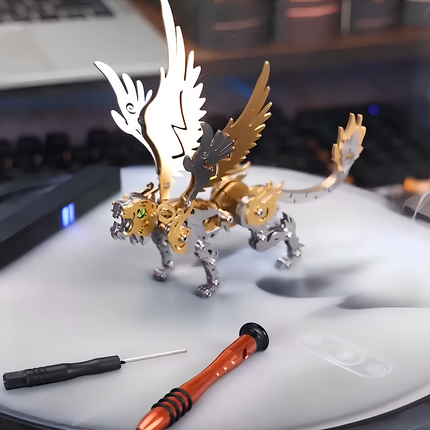 DIY assembly of a mechanical steampunk winged tiger using precision tools, part of the premium 3D puzzle Metal Kits collection on Tablefunny.com.