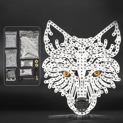 Unboxed steampunk puzzle set for a wolf bust, including all necessary 3D puzzle Metal Kits components for adult hobbyists.