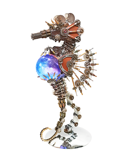 This Steampunk Mechanical Seahorse 3D Puzzle Metal Kit features an elaborate design, combining precision-cut gears, interlocking mechanical components, and a glowing cosmic-themed spherical element. The metallic textures, intricate gear arrangements, and vibrant blue-purple sphere create a striking visual contrast. Set on your funny table as a focal display, it blends steampunk industrial art with a whimsical seahorse form—serving as both a challenging assembly project and a unique decorative piece.